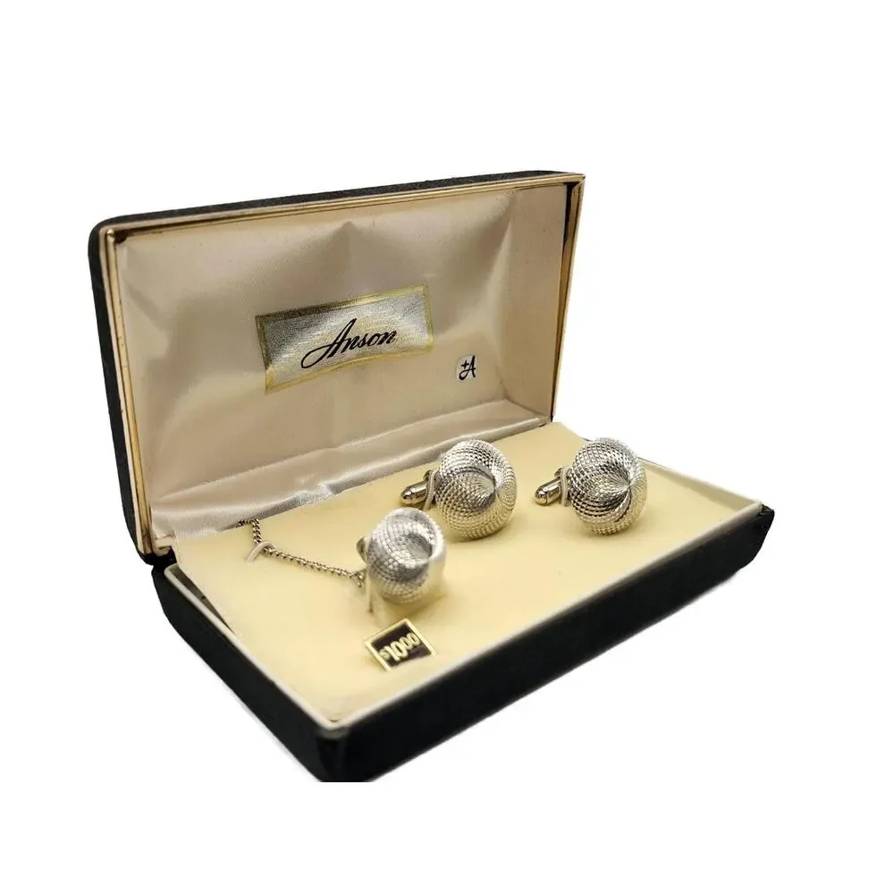 Vintage Anson Swirled Dome Silver Cufflink and Tie Clip Set, NEW OLD STOCK